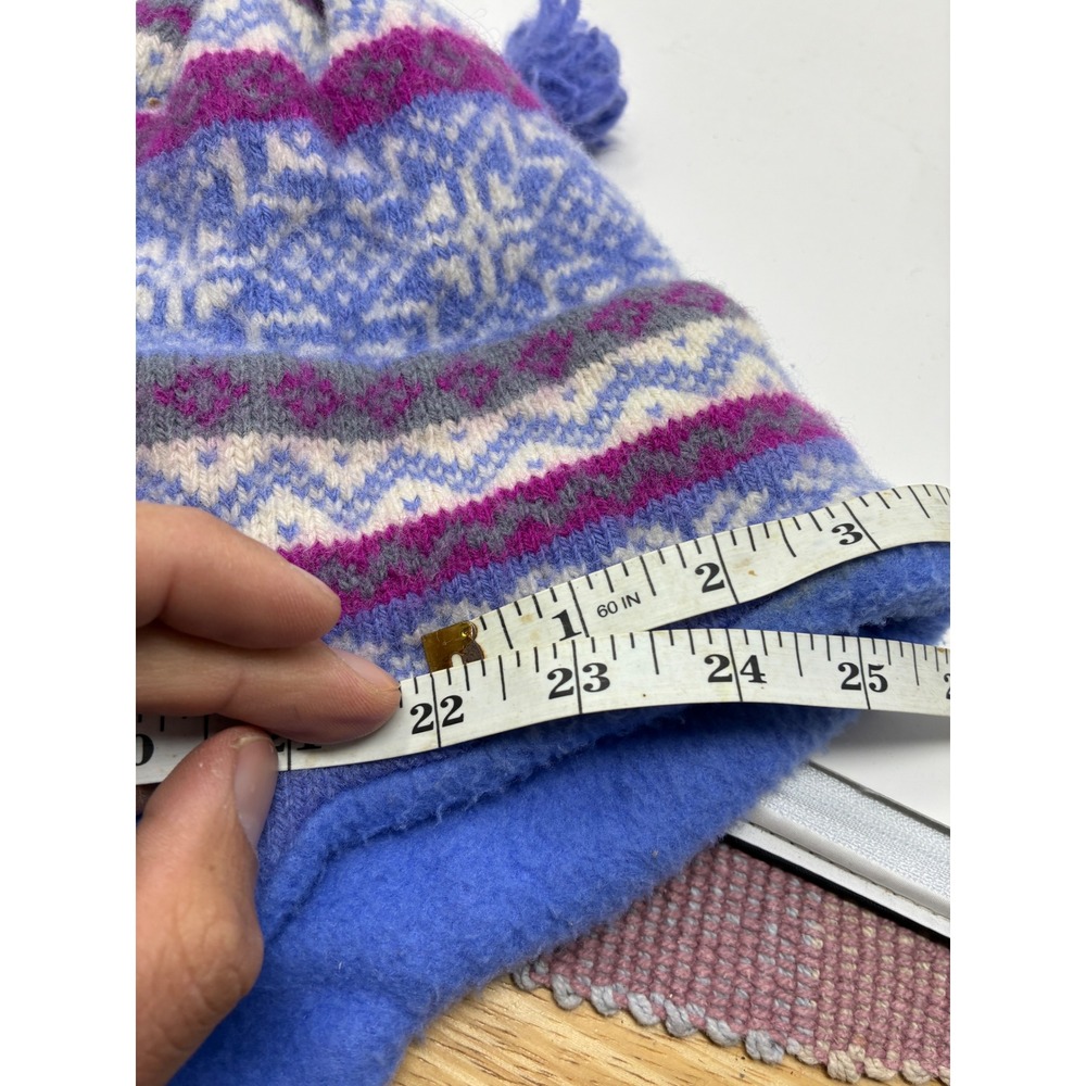 Vintage Turtle Fur Women's Wool Knit Earflap Beanie Hat Blue Purple Fleece Lined - Picture 5 of 5